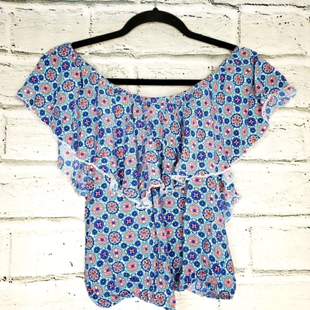 Love, Fire Cropped Off the Shoulder Ruffle Geometric Top Blouse Blue